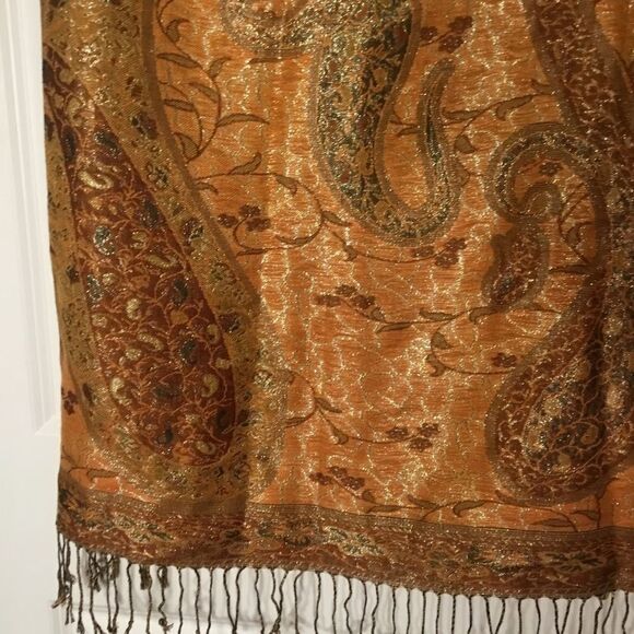 NWOT Orange and Browns with Silver Threads Scarf or Stole/Wrap - Picture 3 of 8